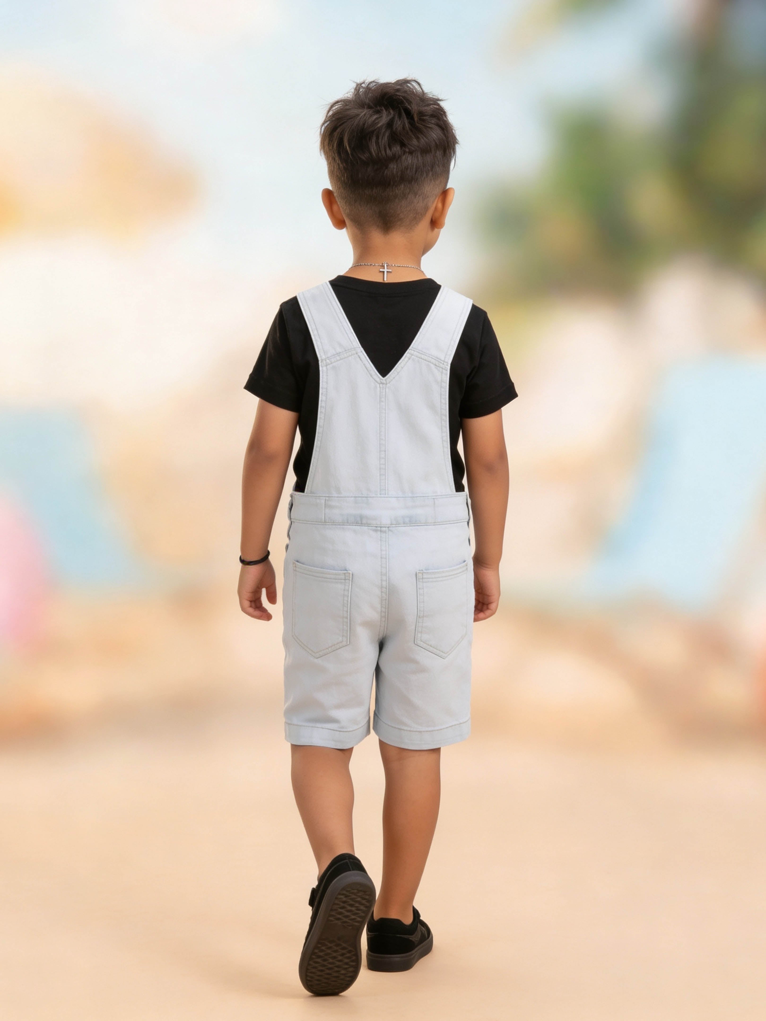 Kiddopanti Boys Denim Sleeveless Woven Solid Dungaree Shorts