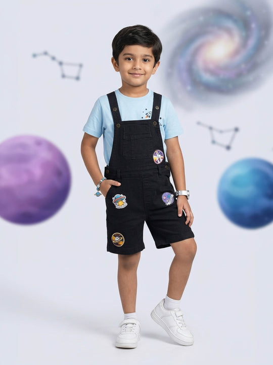 Kiddopanti Boys Denim Woven Badges With Printed Dungaree Shorts