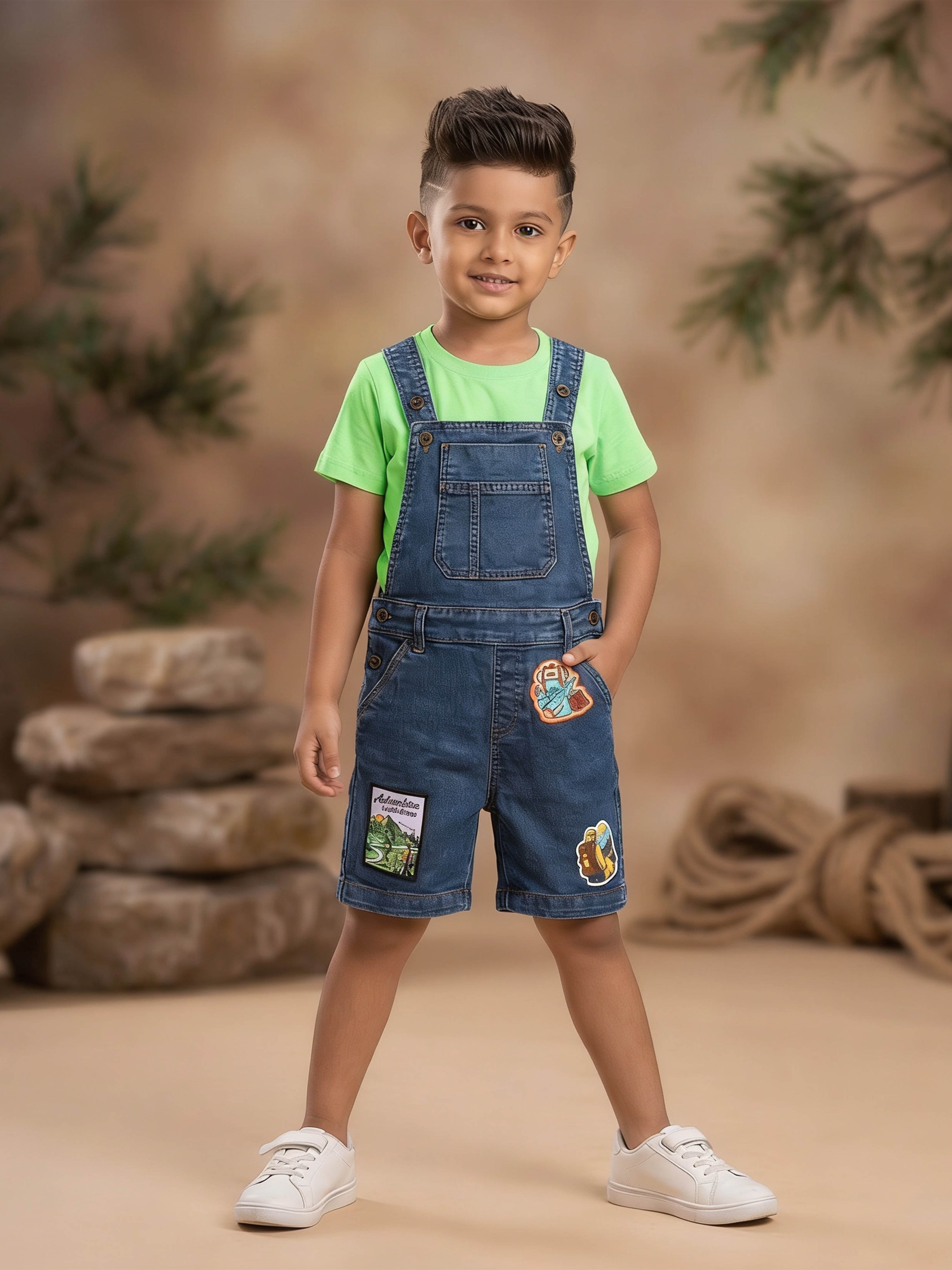 Kiddopanti Boys Denim Woven Badges With Printed Dungaree Shorts