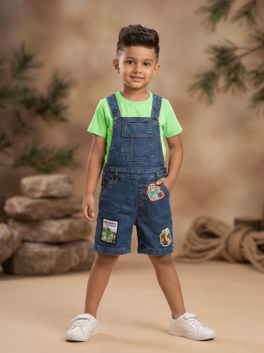 Kiddopanti Boys Denim Woven Badges With Printed Dungaree Shorts