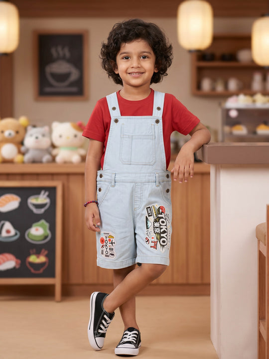 Kiddopanti Boys Denim Woven Badges With Printed Dungaree Shorts