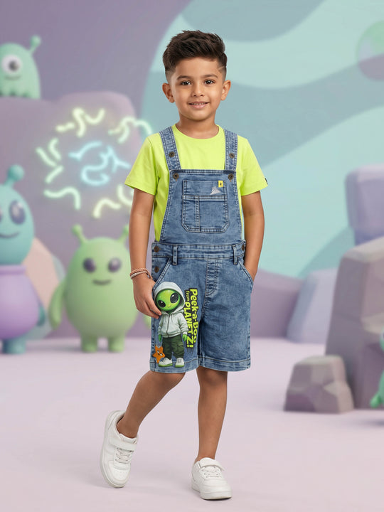 Kiddopanti Boys Denim Woven Badges With Printed Dungaree Shorts