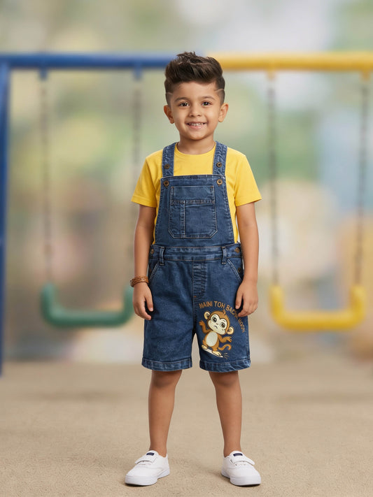 Kiddopanti Boys Denim Woven Badges With Printed Dungaree Shorts