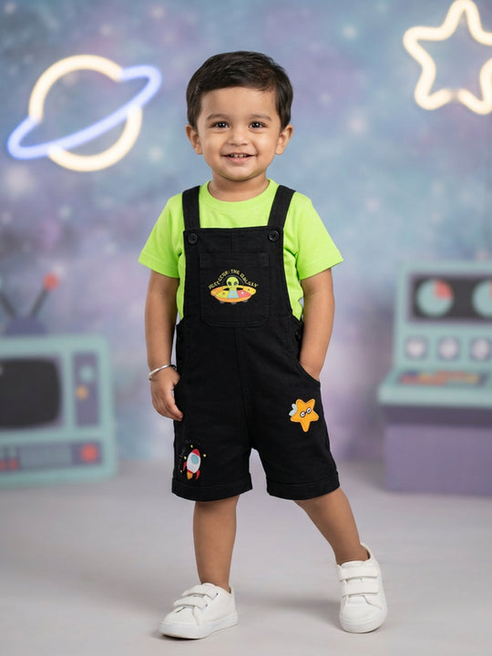 Kiddopanti Boys Denim Woven Applique With Printed Dungaree Shorts