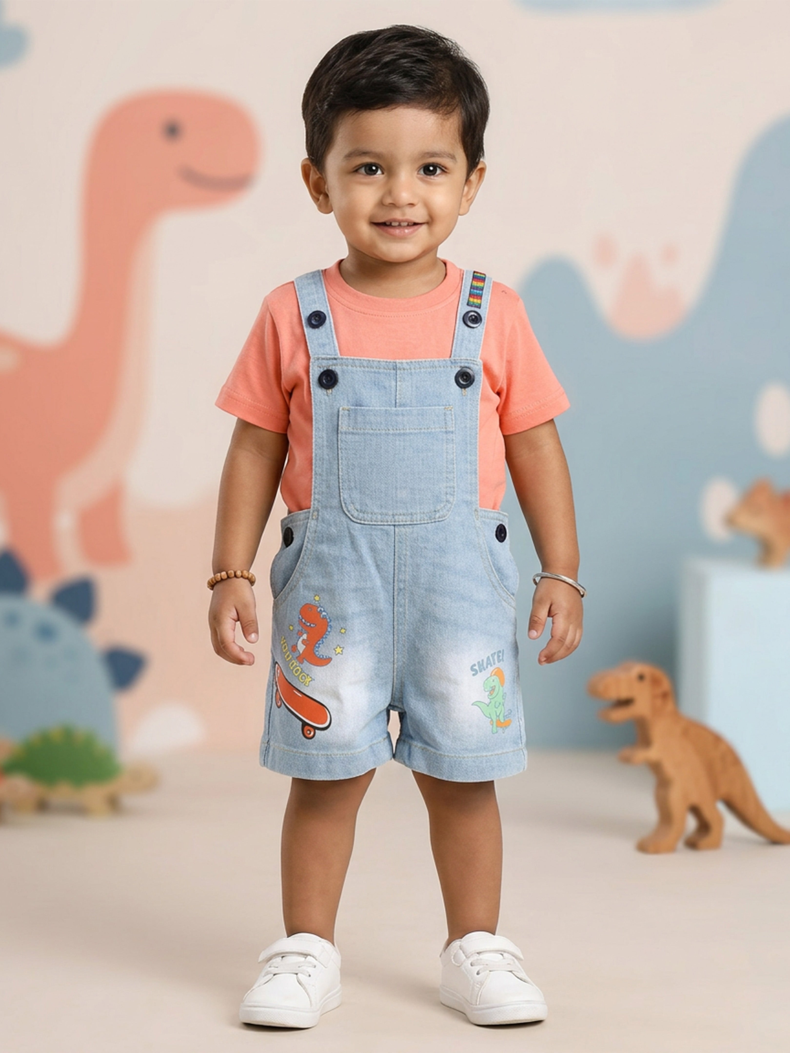 Kiddopanti Boys Denim Woven Applique With Printed Dungaree Shorts