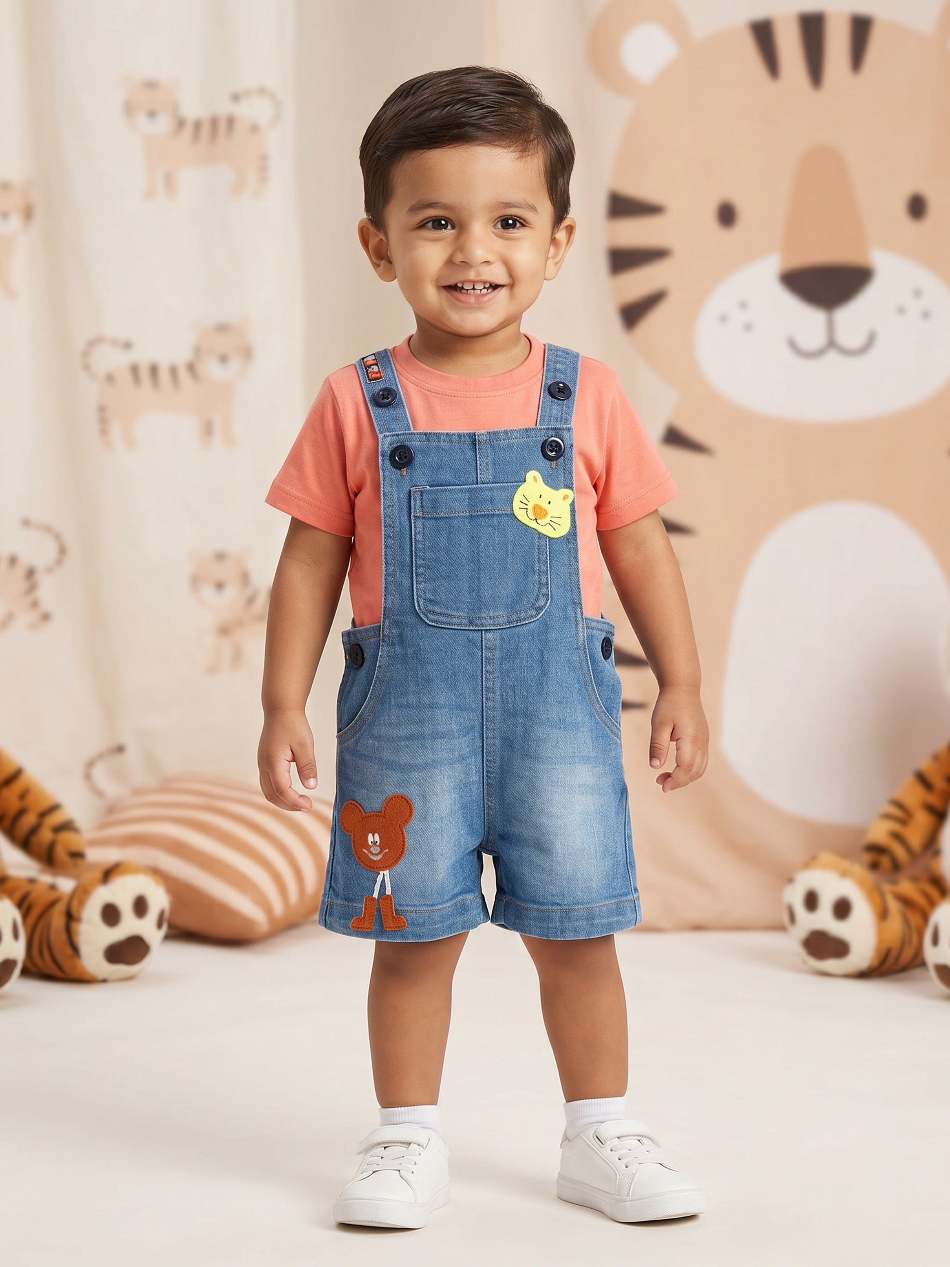 Kiddopanti Boys Denim Woven Applique With Printed Dungaree Shorts