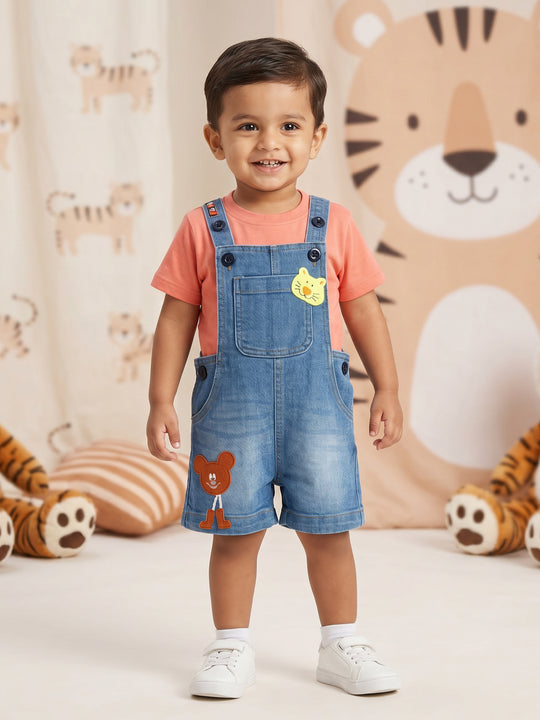 Kiddopanti Boys Denim Woven Applique With Printed Dungaree Shorts