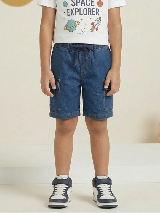Kiddopanti Denim Woven Solid Cargo Shorts with Flap Pockets