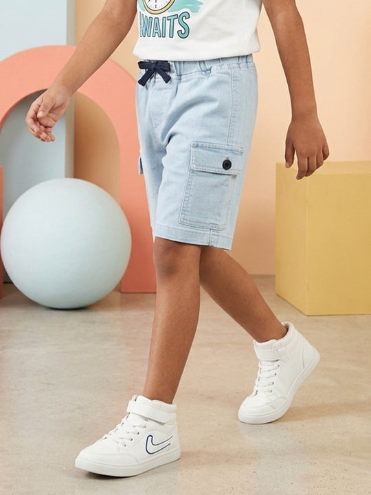 Kiddopanti Denim Woven Solid Cargo Shorts with Flap Pockets