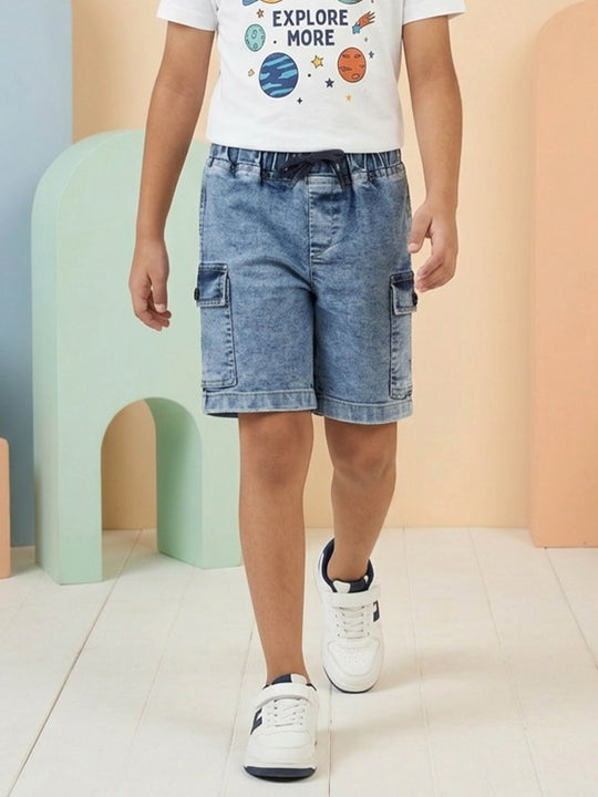 Kiddopanti Denim Woven Solid Cargo Shorts with Flap Pockets