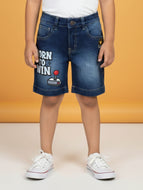 Kiddopanti Boys Denim Woven Applique With Printed Shorts - Mid Wash Blue Born to Win / 1-2Y