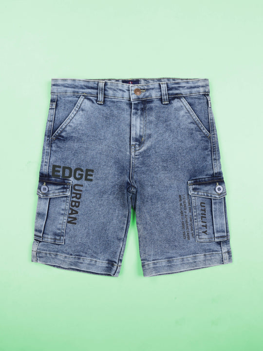 Kiddopanti Boys Denim Woven Urban Edge Printed Knee Length Cargo Shorts