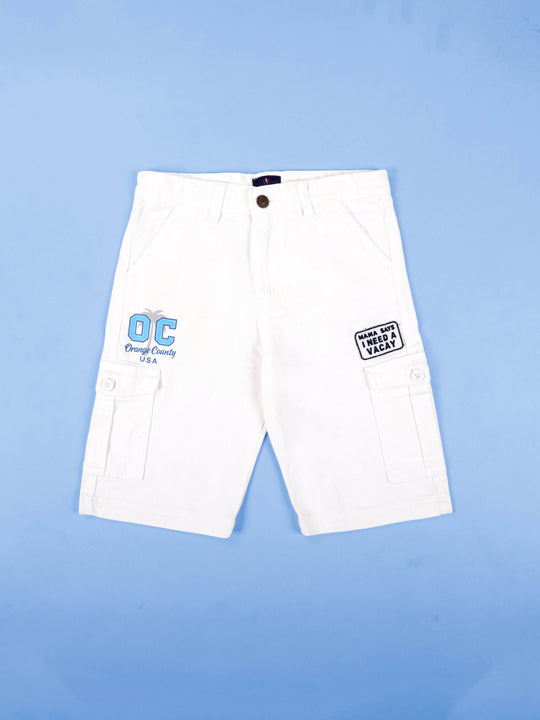 Kiddopanti Boys Knee Length Denim Cargo Shorts With Badges and Prints