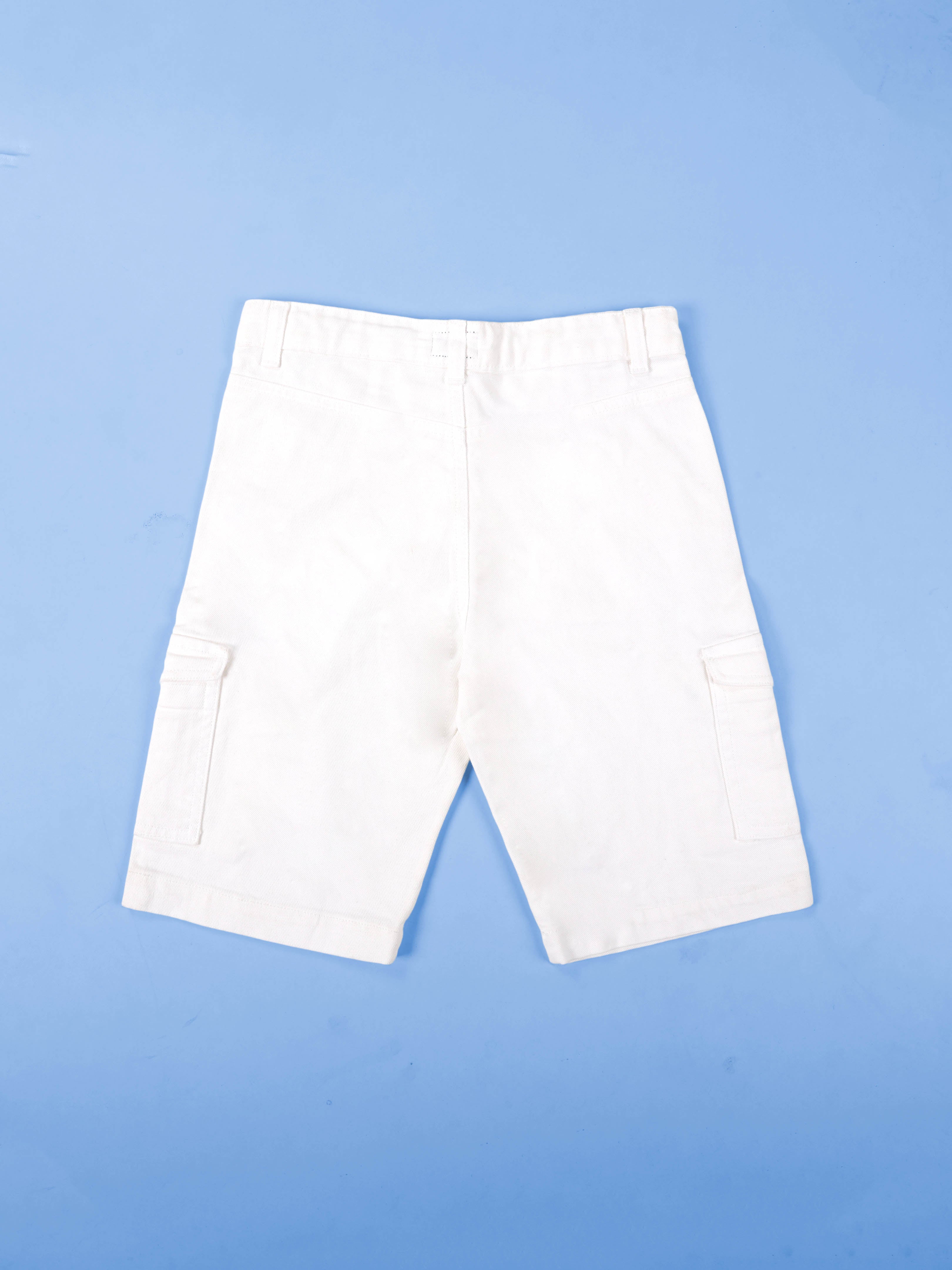 Kiddopanti Boys Knee Length Denim Cargo Shorts With Badges and Prints