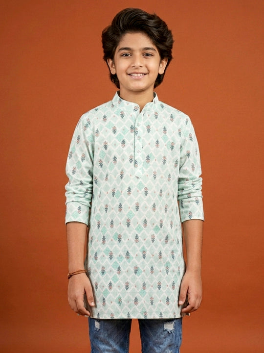 Kiddopanti Boys Rayon Geometric Printed Festive Ethnic Wear Short Kurta