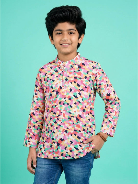 Kiddopanti Boys Rayon Geometric Printed Festive Ethnic Wear Short Kurta