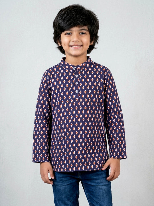 Kiddopanti Boys Rayon Geometric Printed Festive Ethnic Wear Short Kurta