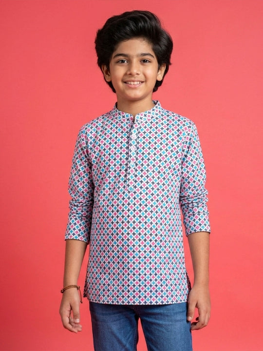 Kiddopanti Boys Rayon Geometric Printed Festive Ethnic Wear Short Kurta