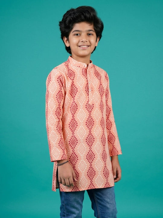 Kiddopanti Boys Rayon Geometric Printed Festive Ethnic Wear Short Kurta