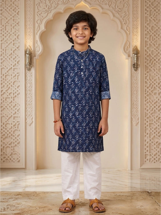 Kiddopanti Boys Cotton Ikat Printed Long Kurta with Cotton Ethnic Pyjama Set