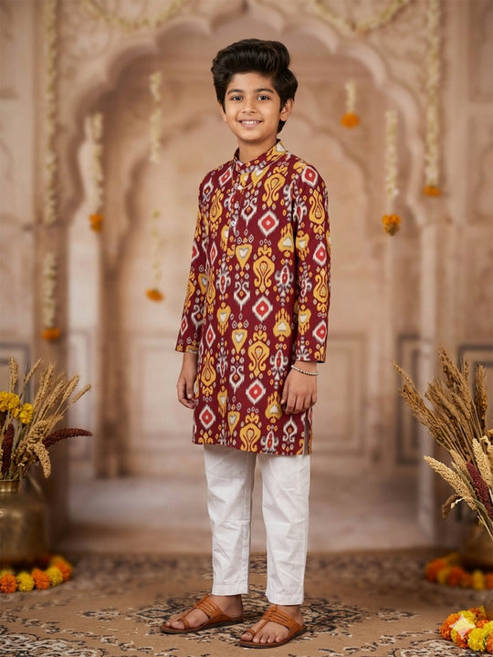 Kiddopanti Boys Cotton Ikat Printed Long Kurta with Cotton Ethnic Pyjama Set
