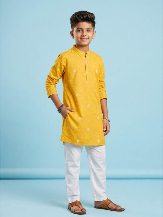 Kiddopanti Boys Cotton Ikat Printed Long Kurta with Cotton Ethnic Pyjama Set