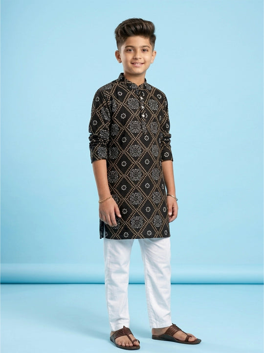 Kiddopanti Boys Cotton Ikat Printed Long Kurta with Cotton Ethnic Pyjama Set