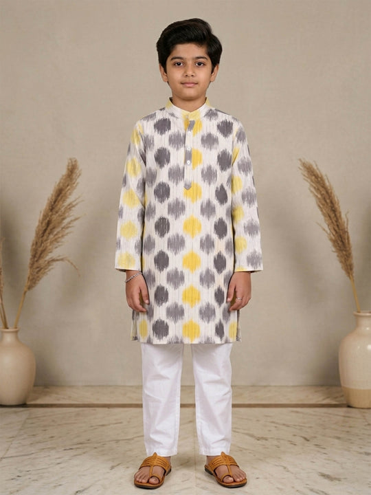 Kiddopanti Boys Cotton Ikat Printed Long Kurta with Cotton Ethnic Pyjama Set