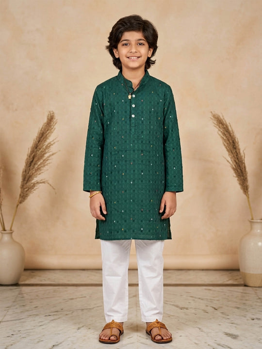 Kiddopanti Boys Cotton Ikat Printed Long Kurta with Cotton Ethnic Pyjama Set