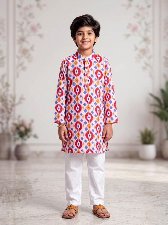 Kiddopanti Boys Cotton Ikat Printed Long Kurta with Cotton Ethnic Pyjama Set