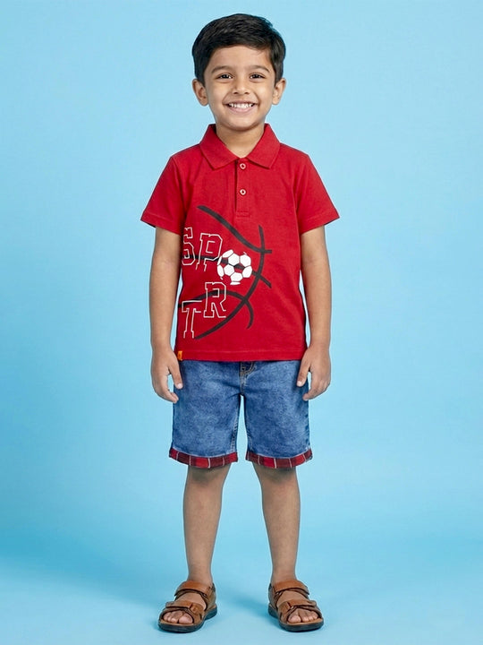 Kiddopanti Boys Cotton Graphic Print Polo T-Shirt With Checks Denim Rollup Shorts Set