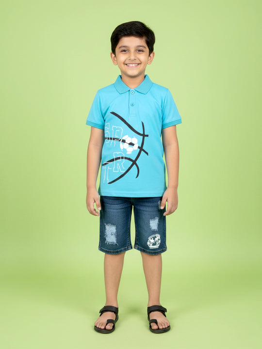Kiddopanti Boys Cotton Graphic Print Polo T-Shirt & Printed Distress Denim Shorts Set