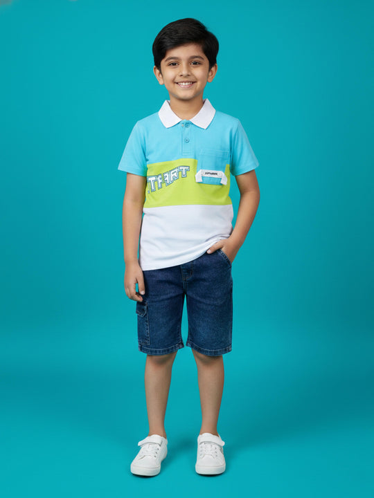 Kiddopanti Boys Cotton Colorblock Printed Polo T-Shirt with Denim Cargo Shorts With Multi Color Tape Set