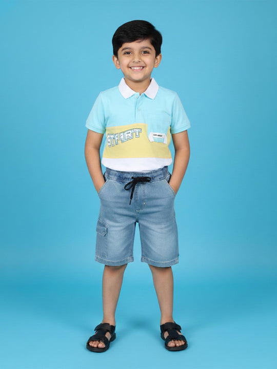 Kiddopanti Boys Cotton Colorblock Printed Polo T-Shirt with Denim Cargo Shorts With Multi Color Tape Set