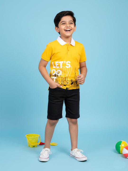 Kiddopanti Boys Cotton Knit Lets Do It City Graphic Printed Polo T-Shirt & Denim Woven Shorts Set