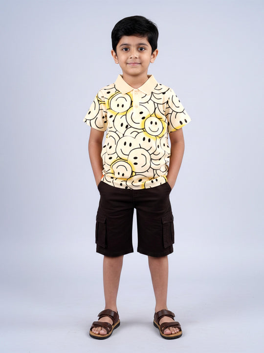 Kiddopanti Boys Cotton AOP Printed Polo T-Shirt & Twill  Knee Length Cargo Short Set