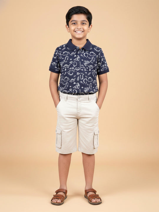 Kiddopanti Boys Cotton AOP Printed Polo T-Shirt & Twill  Knee Length Cargo Short Set