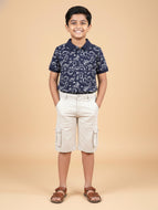 Kiddopanti Boys Cotton AOP Printed Polo T-Shirt & Twill  Knee Length Cargo Short Set - Navy & Beige / 12-14Y