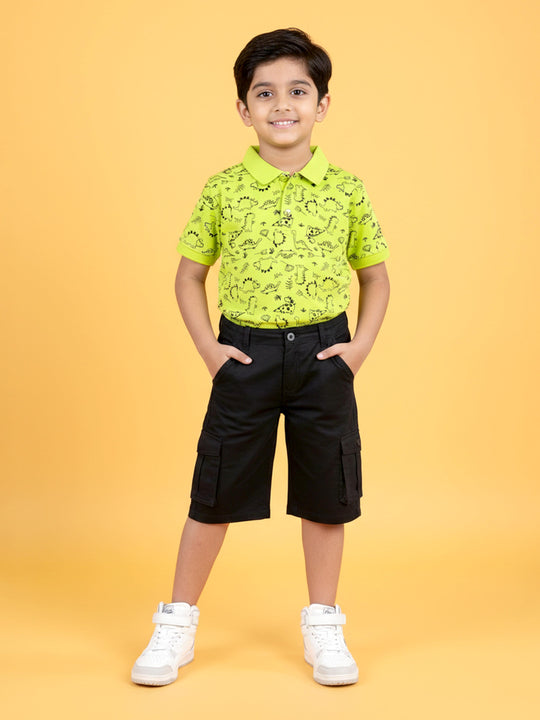 Kiddopanti Boys Cotton AOP Printed Polo T-Shirt & Twill  Knee Length Cargo Short Set