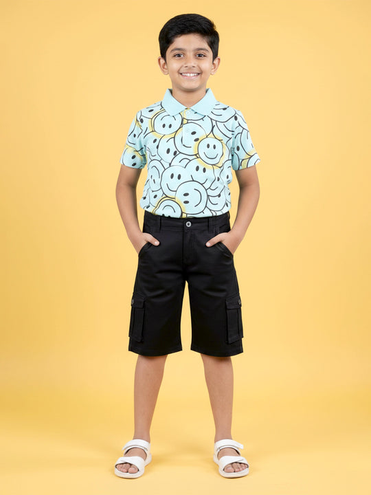 Kiddopanti Boys Cotton AOP Printed Polo T-Shirt & Twill  Knee Length Cargo Short Set