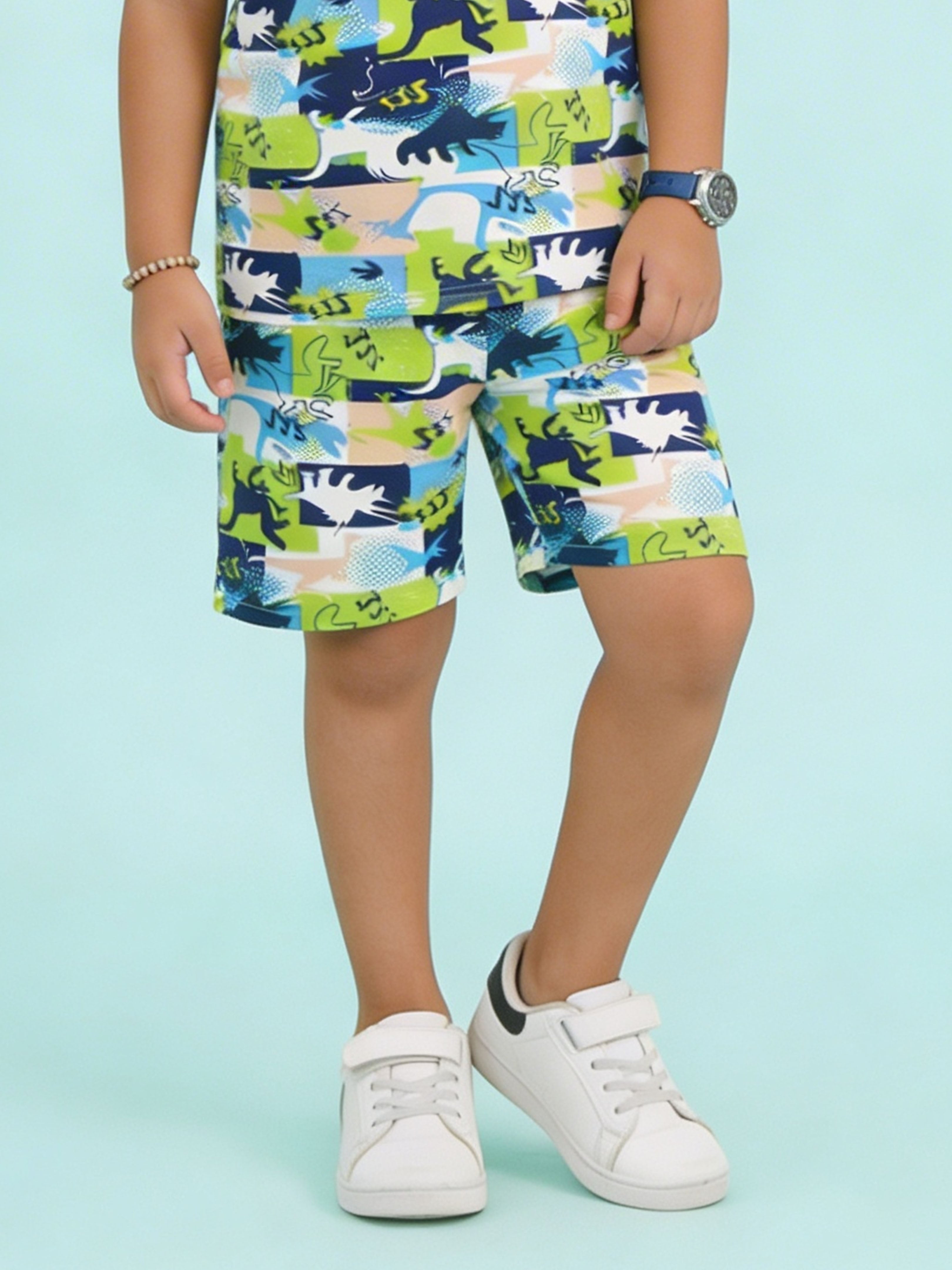 Kiddopanti Boys Cotton Knit All Over Dinosour Printed Knee Length Basic Shorts
