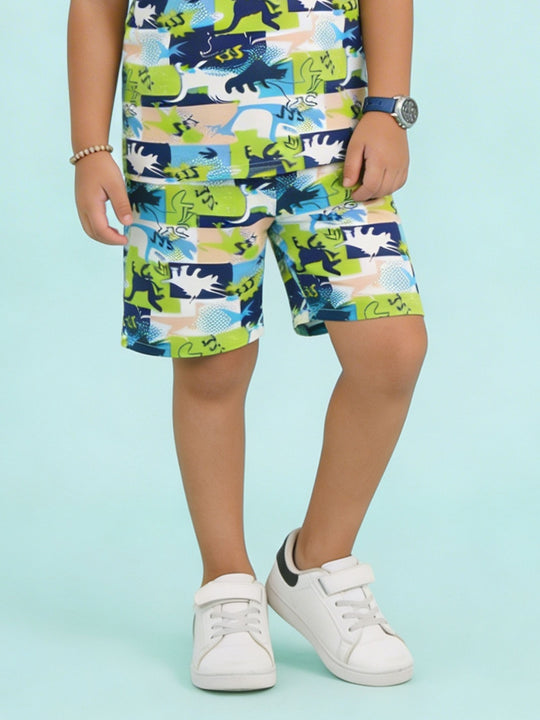 Kiddopanti Boys Cotton Knit All Over Dinosour Printed Knee Length Basic Shorts