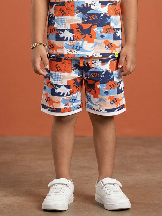 Kiddopanti Boys Cotton Knit All Over Dinosour Printed Knee Length Basic Shorts