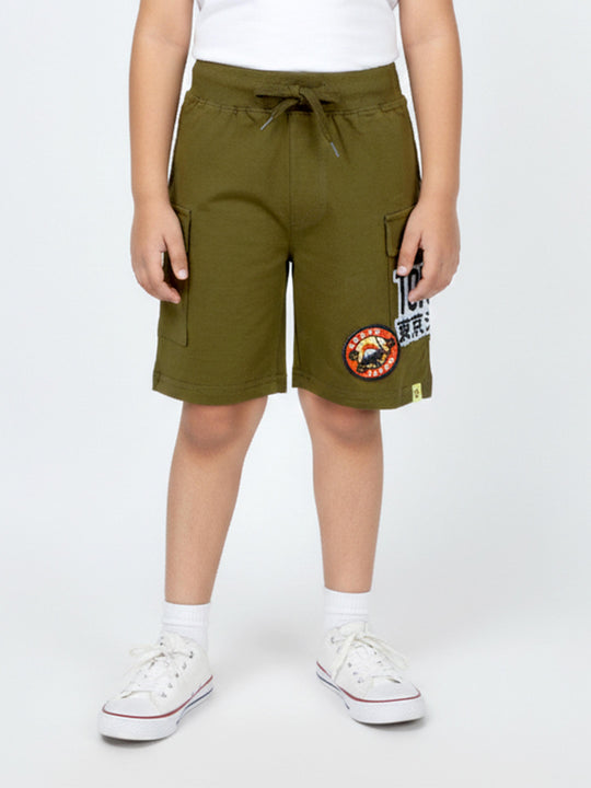 Kiddopanti Boys Cotton Basic Cargo Knit Shorts With Tokyo Japan Themed Badges and Prints