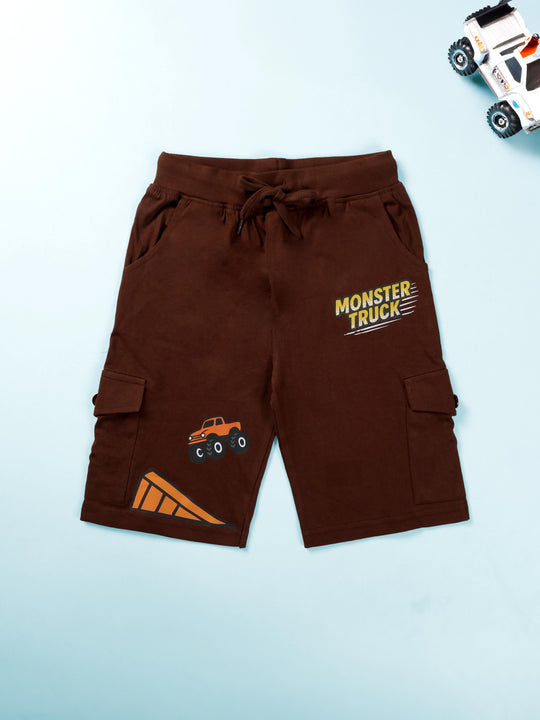 Kiddopanti Boys 100% Cotton Knee Length Cargo Short With Prints and Badge
