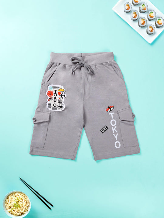 Kiddopanti Boys 100% Cotton Knee Length Cargo Short With Prints and Badge