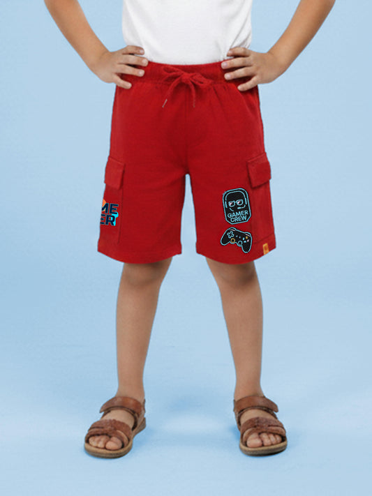 Boys Basic Cargo Knit Shorts With Gaming Themed Badges and Prints