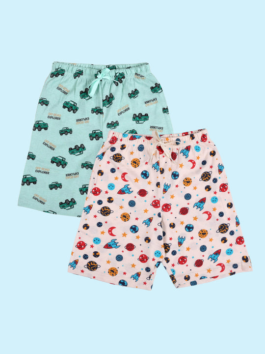 Kiddopanti Boys 100% Cotton AOP Printed Basic Shorts Pack of 2