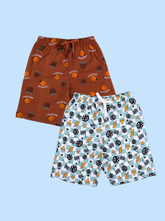 Kiddopanti Boys 100% Cotton AOP Printed Basic Shorts Pack of 2