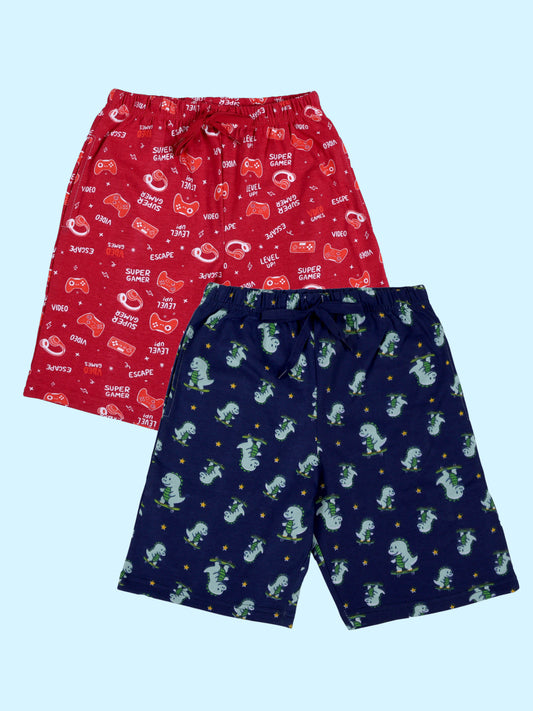 Kiddopanti Boys 100% Cotton AOP Printed Basic Shorts Pack of 2